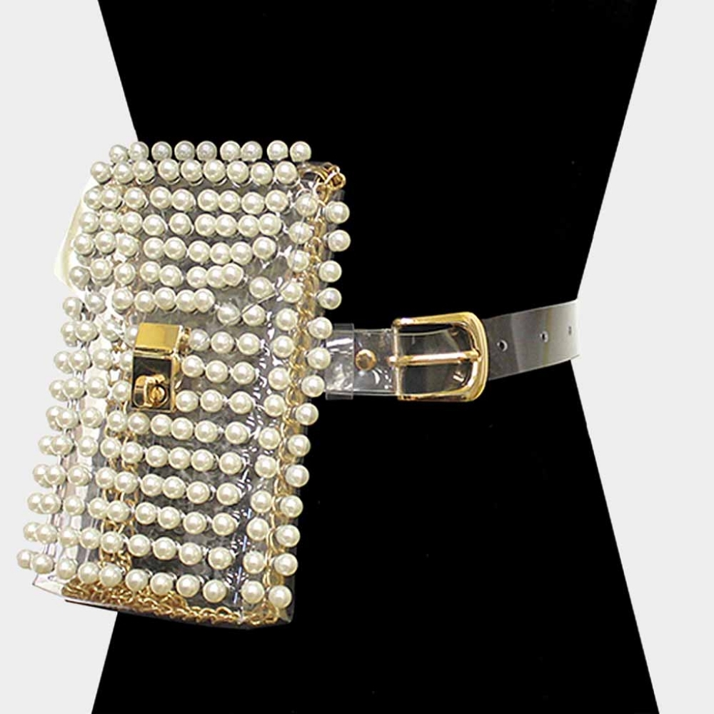 Clear Cream Pearl Stud Clear FannyPack Belt Purse Fashion Statement Accessory 2